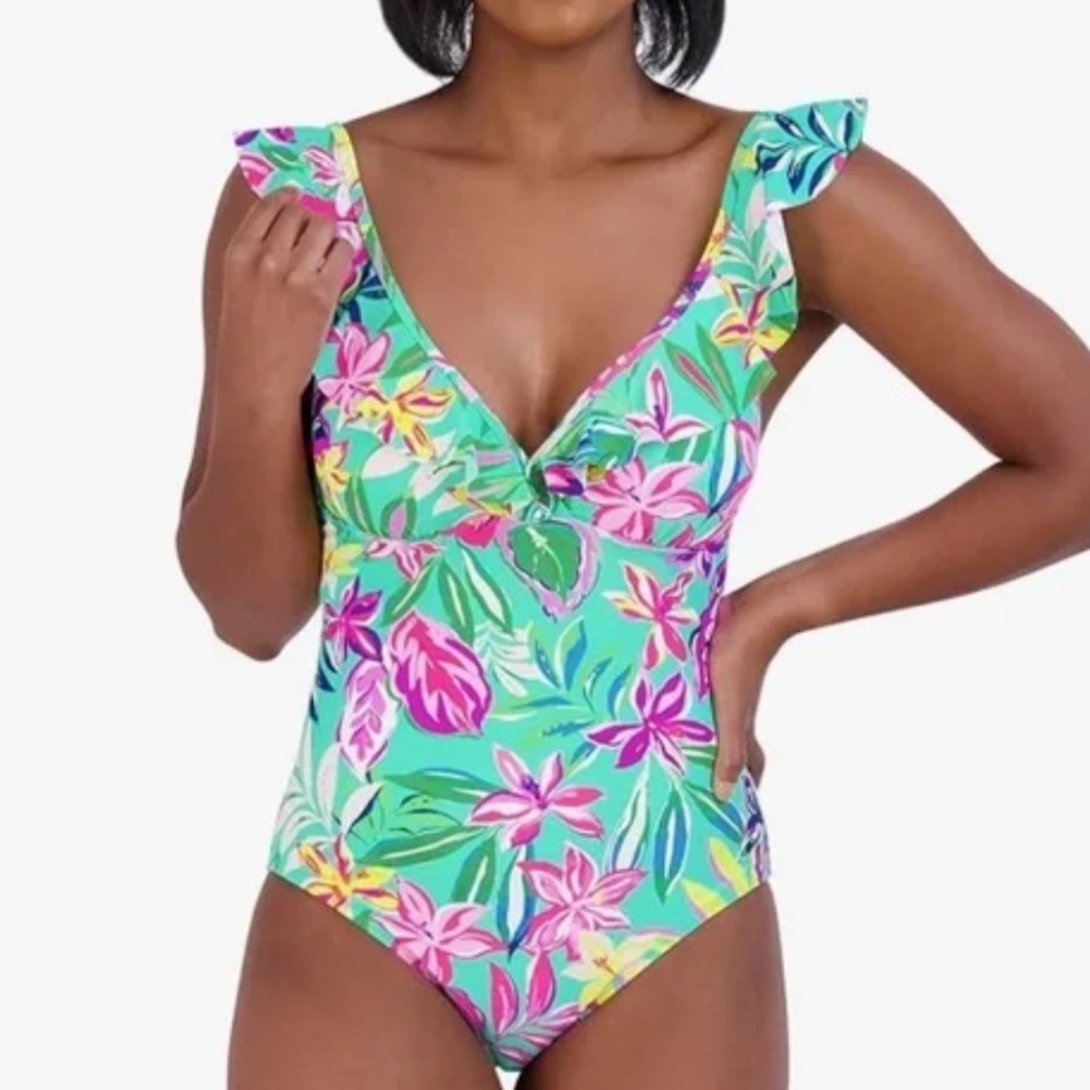 Vibrant Floral Ruffled Strap One-Piece Swimsuit